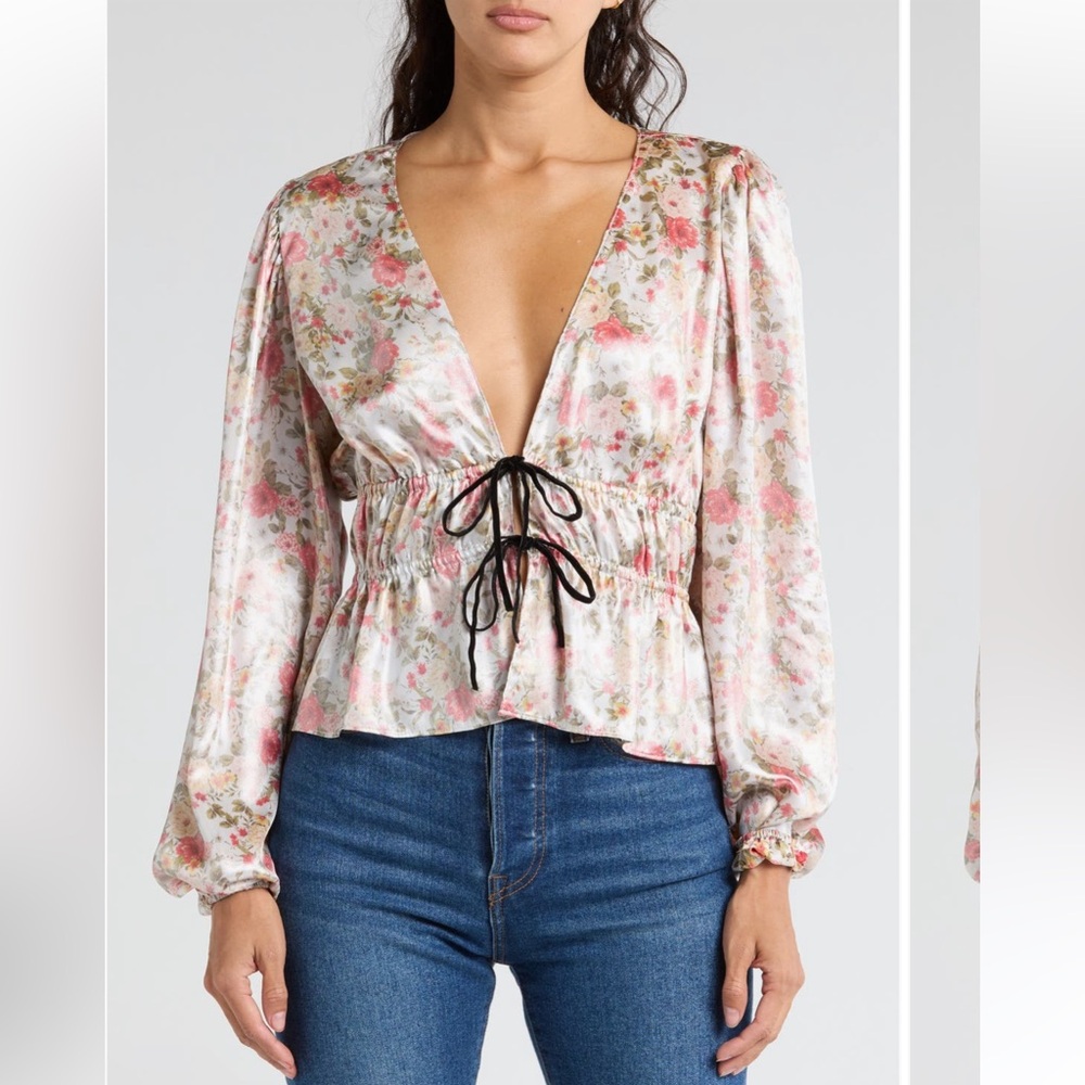 Wayf Pink and Cream Tie Front Peplum Blouse
